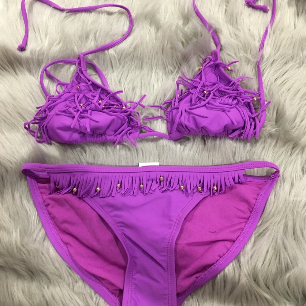 Xhiliiration purple fringe bathing suit